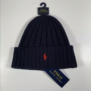 Polo Ralph Lauren Pony Wool Knit Cuffed Beanie Ribbed Skull Cap Hat Blue